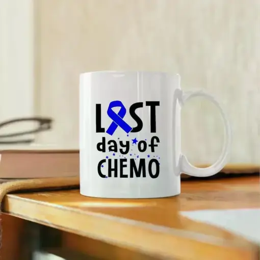 Last Day of Chemo Ceramic Mug - 11oz White Coffee Cup with Blue Ribbon Design, Perfect Gift for Colon Cancer